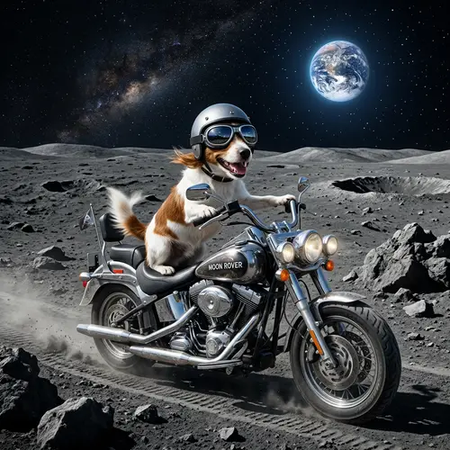 Happy Dog Riding a Motorcycle on the Moon