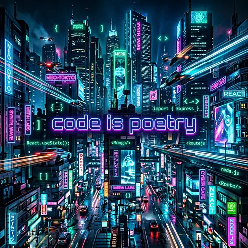 Futuristic Cyberpunk Cityscape: Learn MERN Stack & Coding Symbols