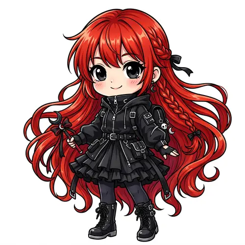 Chibi-Style Character with Striking Black Eyes and Long Red Hair