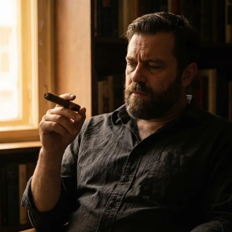Somber Portrait of a Bearded Man with Cigar