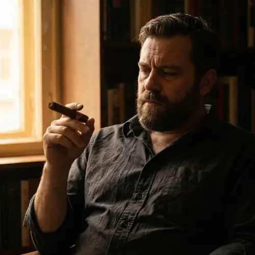 Somber Portrait of a Bearded Man with Cigar