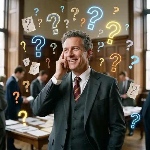 Politician Contemplating Question Marks - Deep Consideration