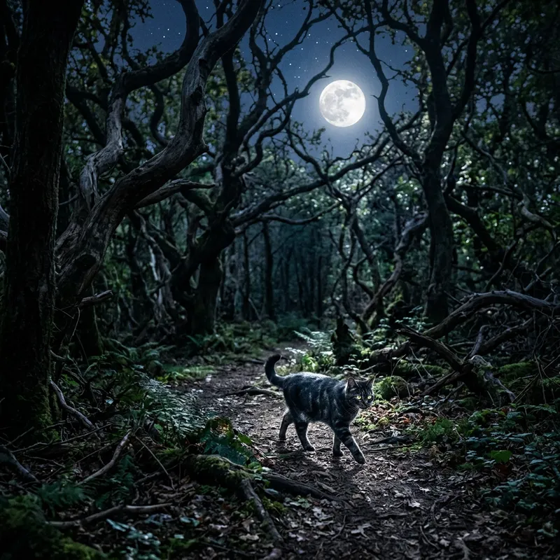 Enchanting Cat Under Moonlit Forest Canopy