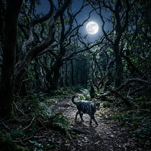 Magical Cat Wandering Under Moonlight in Forest