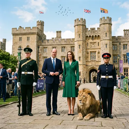 Male and Female Public Figures at Castle with Soldiers and Lion