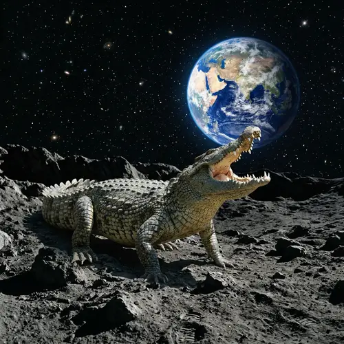 Green Crocodile on Moon | Lunar Landscape with Earth View