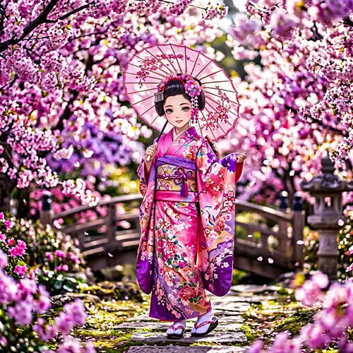 Anime-inspired Kimono Photoshoot with Cherry Blossom Trees