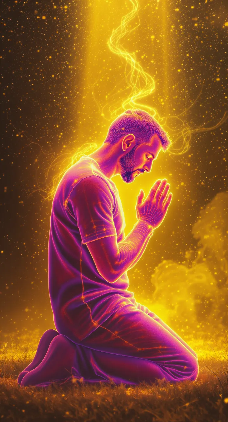 Man Kneeling in Prayer with Radiant Heat Waves Man Kneeling in Prayer with Radiant Heat Waves