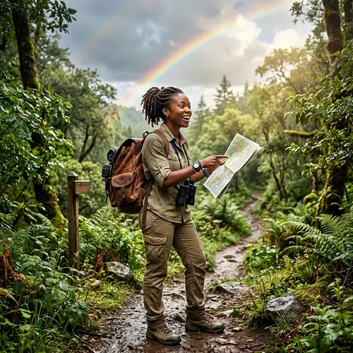 Adventurous Black Female Traveler Explores Uncharted Forest Path