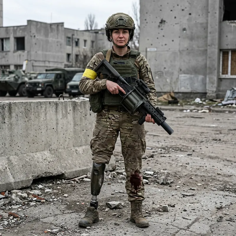 War Veteran with Prosthetic Leg Holds Grenade Launcher