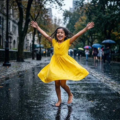 Bright Yellow Dress Dancing in Rainy Days - Joyful Hispanic Girl