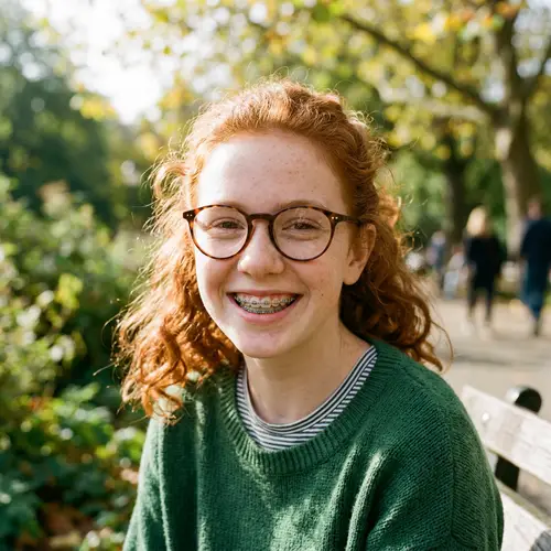 Smiling Redhead Girl with Freckles and Braces