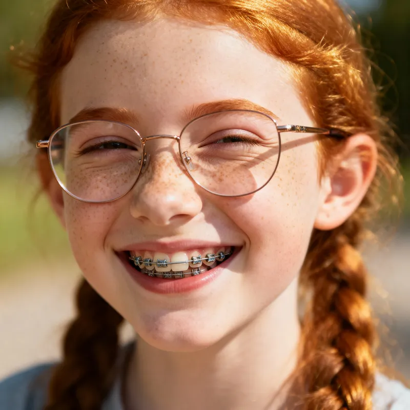 Smiling Redhead Girl with Freckles and Braces