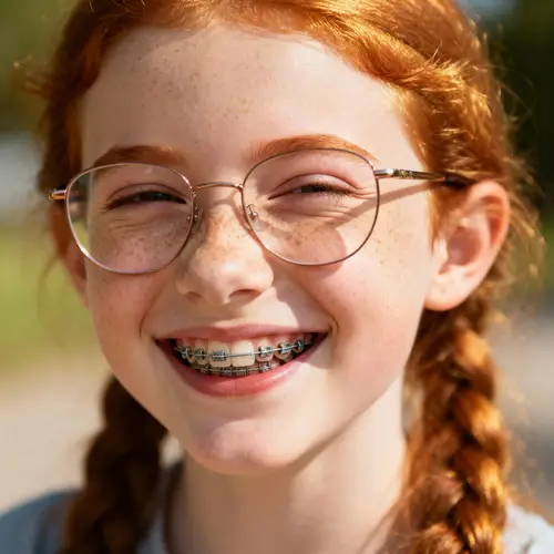 Smiling Redhead Girl with Freckles and Braces
