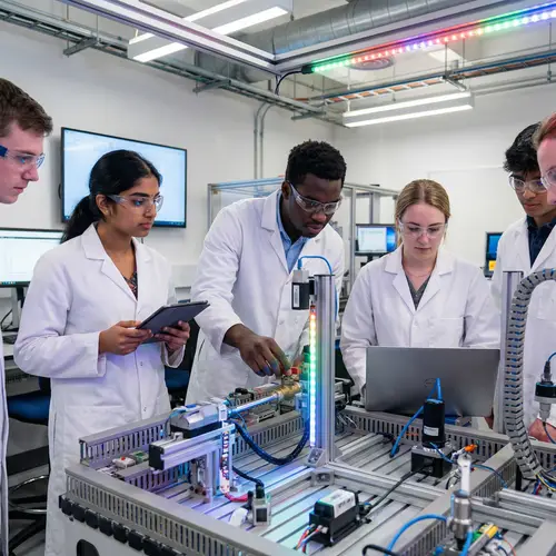 Diverse College Students Engaged in Mechanical Laboratory Experiment