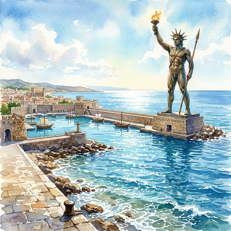 Majestic Colossus of Rhodes in Watercolor Style