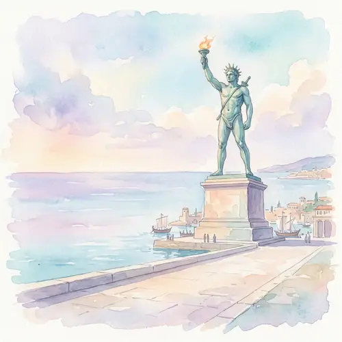 Pastel Watercolor Colossus of Rhodes Statue Art