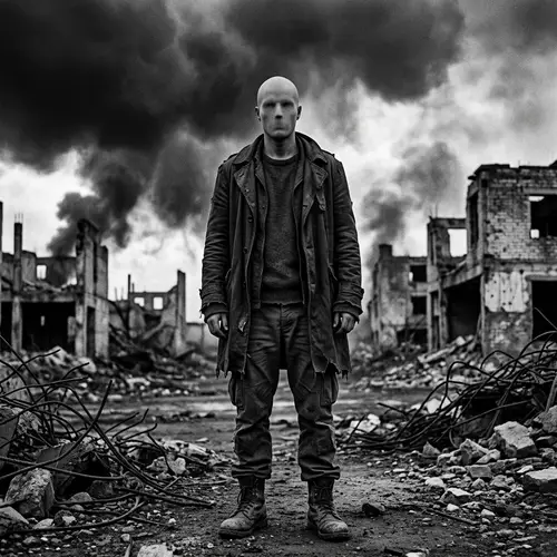 Eerie Black and White Portrait Amid Apocalyptic Landscape