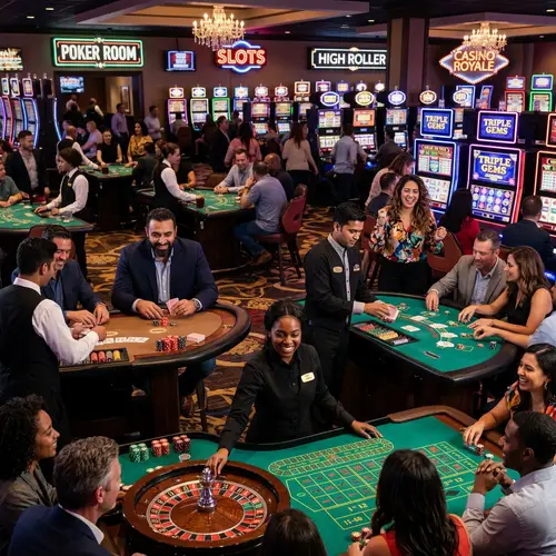 Diverse Casino Scenes with Blackjack, Poker & Slot Games
