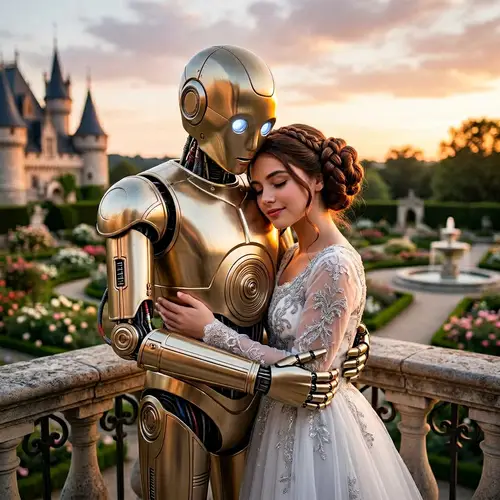 Romantic Embrace Between Shiny Gold Robot and Princess