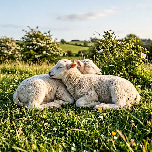 Peaceful Image of Two Sleeping Baby Lambs on Grass