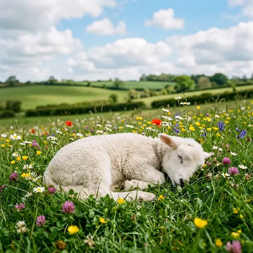 Charming Newborn Baby Lamb Nap in Pastoral Scene