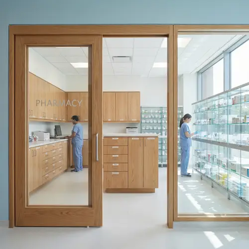 Hospital Pharmacy with Organized Cabinets and Glass Storage