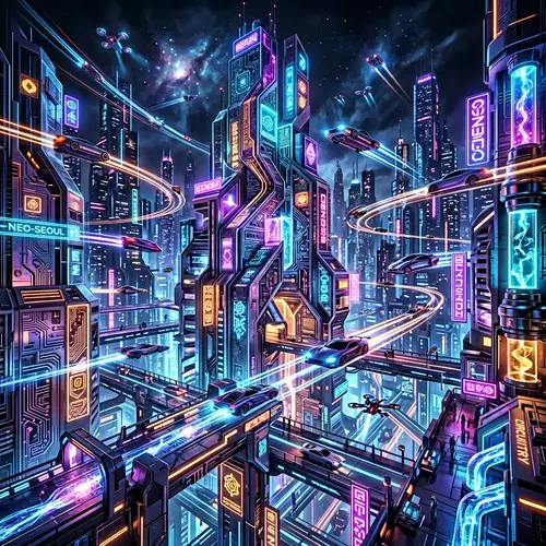 Abstract Futuristic Design: Vibrant Cityscape & Technological Motifs