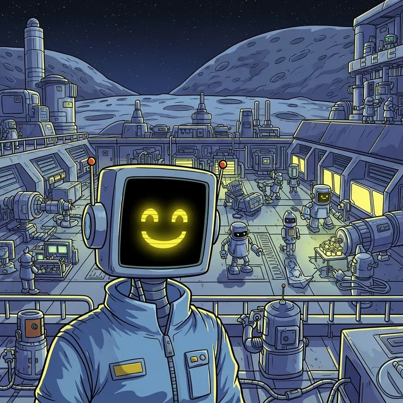 Cartoon Humanoid Robot in Moon Factory