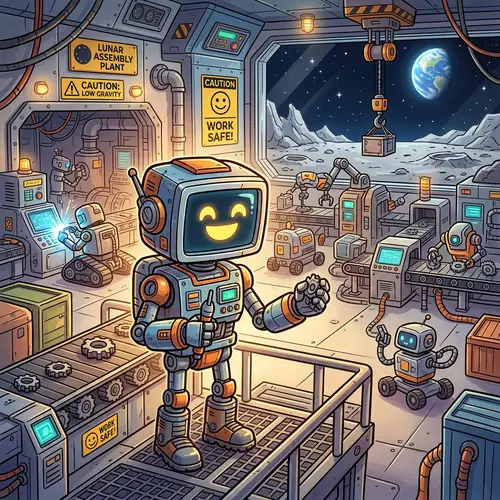 Cartoon Humanoid Robot in Moon Factory