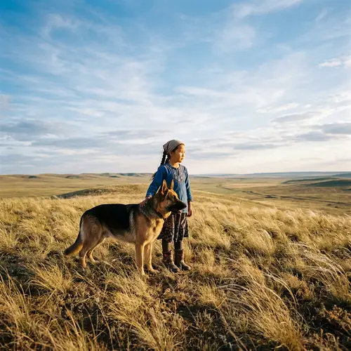 Kazakh Girl and German Shepherd in Open Steppe | Serene Interaction