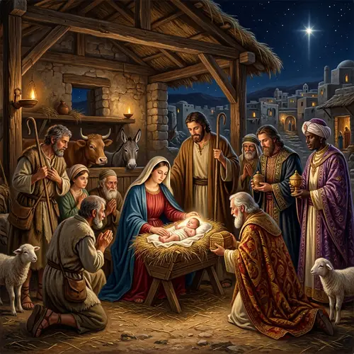 Renaissance Nativity Scene with Mary, Joseph and Wise Men