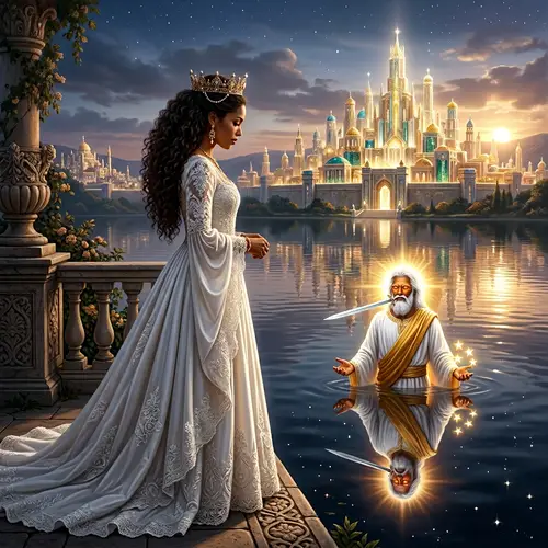 Luxurious White Gown on Light-Skinned Woman by Shimmering Water