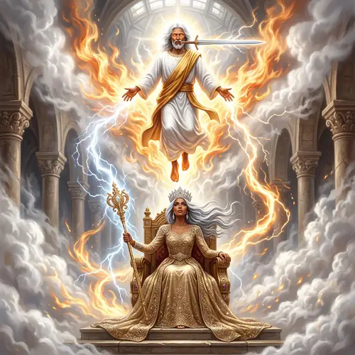 Revelation 1: Jesus in Glowing Attire Overseeing Woman on a Throne