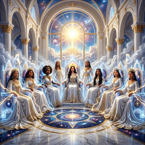 Powerful Women in Majestic White Gowns on Thrones