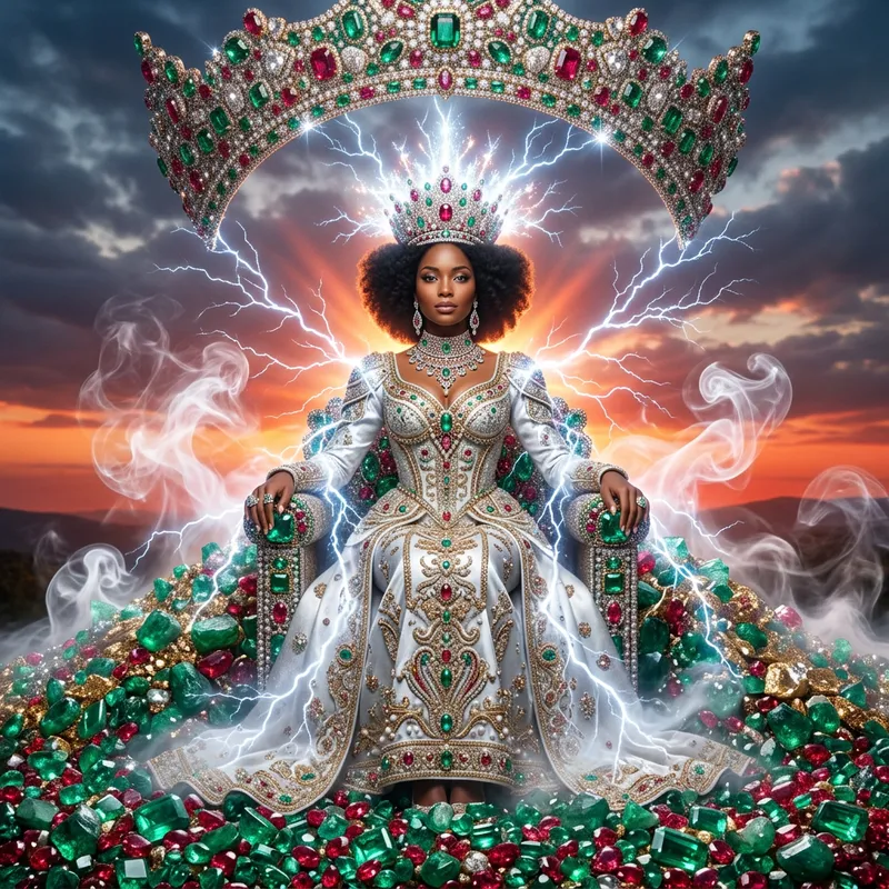 Majestic Black Woman Enthroned in Ruby and Emerald Splendor