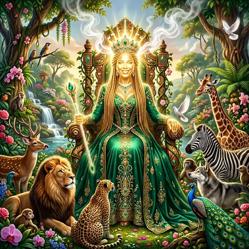 Divine Black Woman in Emerald Gown | Garden Throne