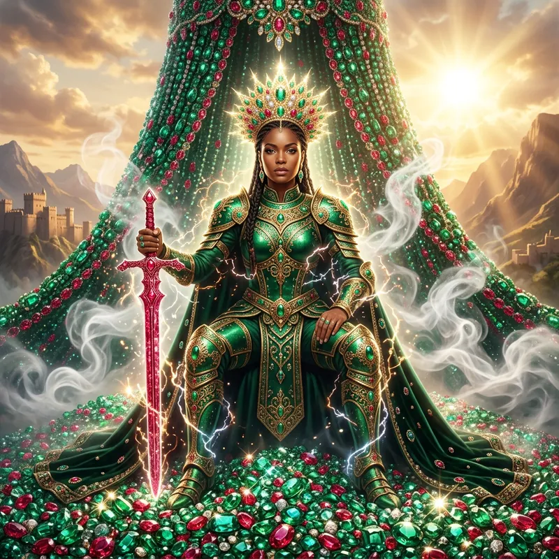 Divine Black Warrior Queen: Emerald Armor & Ruby Sword