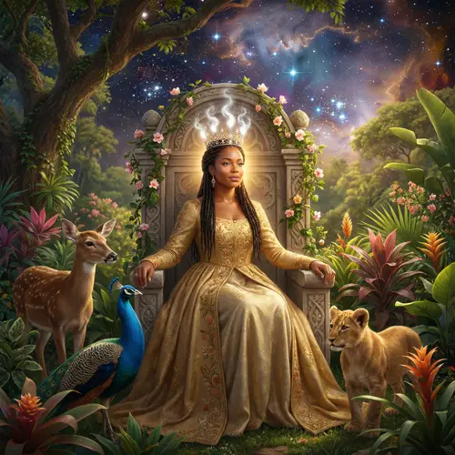 Radiant Black Woman on Golden Throne in Ethereal Garden