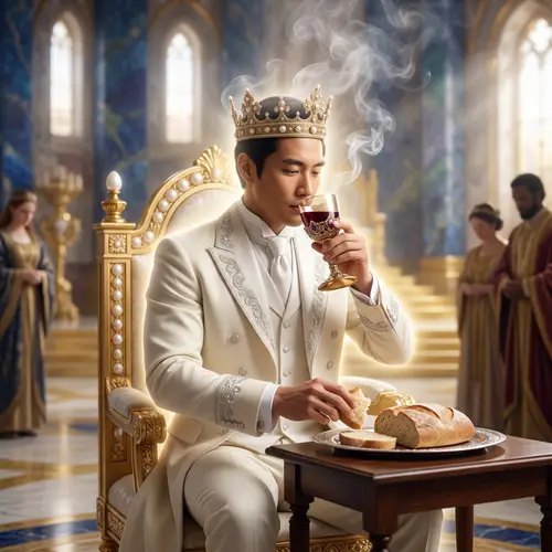 Regal Throne Room in New Jerusalem: Beautiful Asian Man Communion Scene