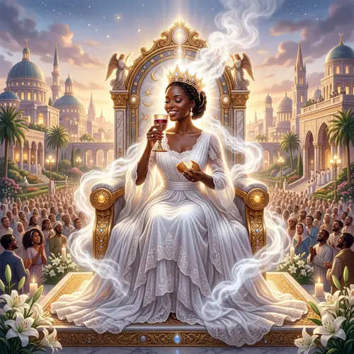 Radiant Black Woman Seated in New Jerusalem - Elegant Scene