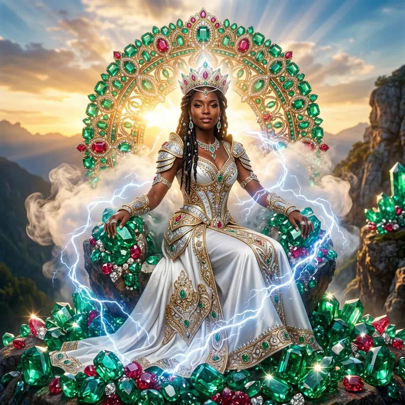 Black Woman on Emeralds & Rubies Rock: Ethereal Power and Elegance