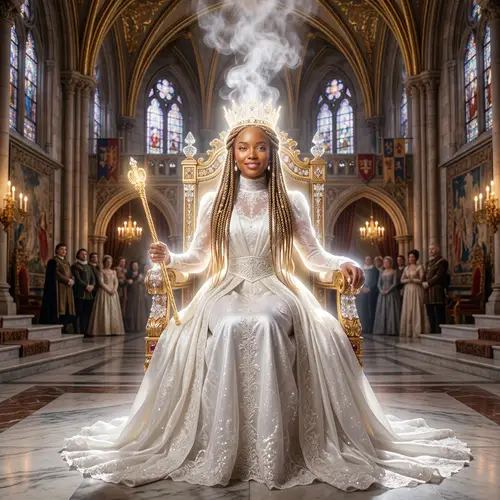 Radiant Woman in Elegant White Gown in Resplendent Throne Room