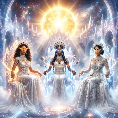 Celestial Queens of Diverse Descent in Throne Room - Enchanting Scene