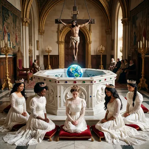 Regal Throne Room with Luminous Earth Replication and Reverent Women