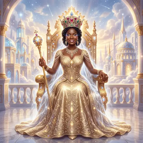 Radiant Black Woman in Gold Gown | Ethereal New Jerusalem Throne