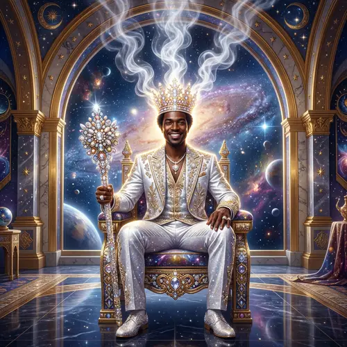 Radiant Black Man in Celestial Throne Room | Ethereal Jewelry Design