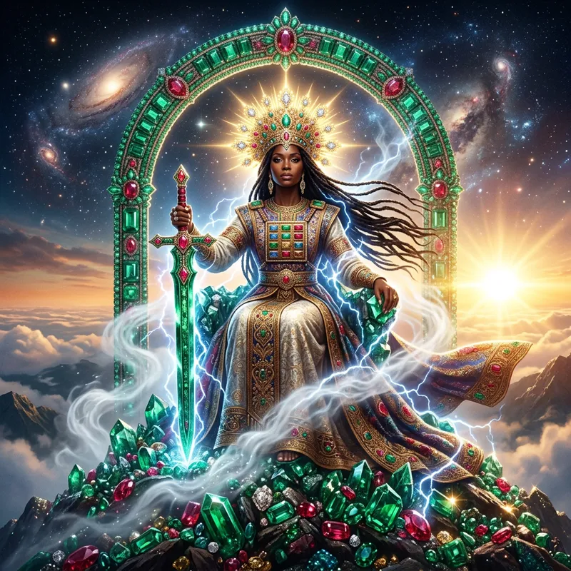 Divine Authority: Majestic Black Woman on Ruby-Emerald Mountain Divine Authority: Majestic Black Woman on Ruby-Emerald Mountain