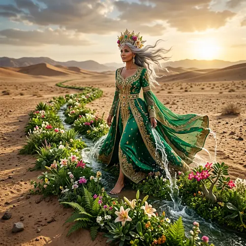 Flourishing Desert: Enchanted Woman Bringing Life to Barren Land