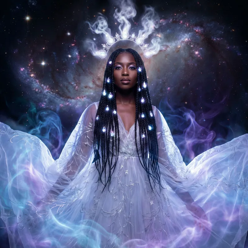 Ethereal Black Woman in Elie Saab Gown with Radiant Crown